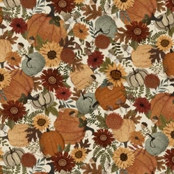 Autumn Homestead patchworkstof Græskar og solsikker lysbund